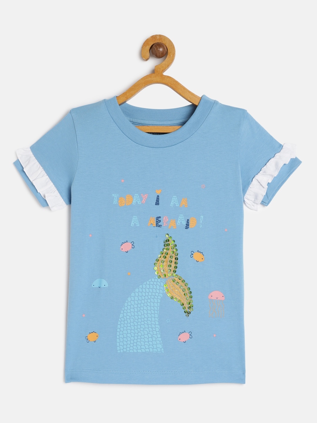 

HERENOW Girls Blue Printed Pure Cotton T-shirt
