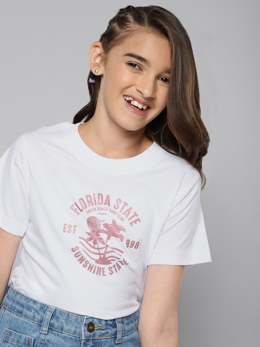 

HERENOW Girls White Pink Printed Pure Cotton T-shirt