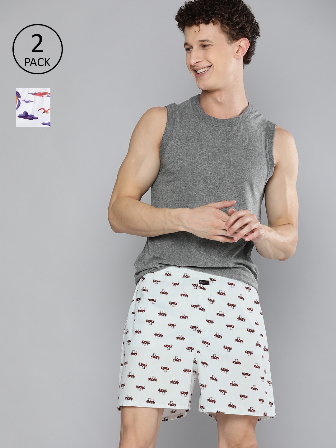 

Mast & Harbour Men Pack of 2 Printed Cotton Boxers, White