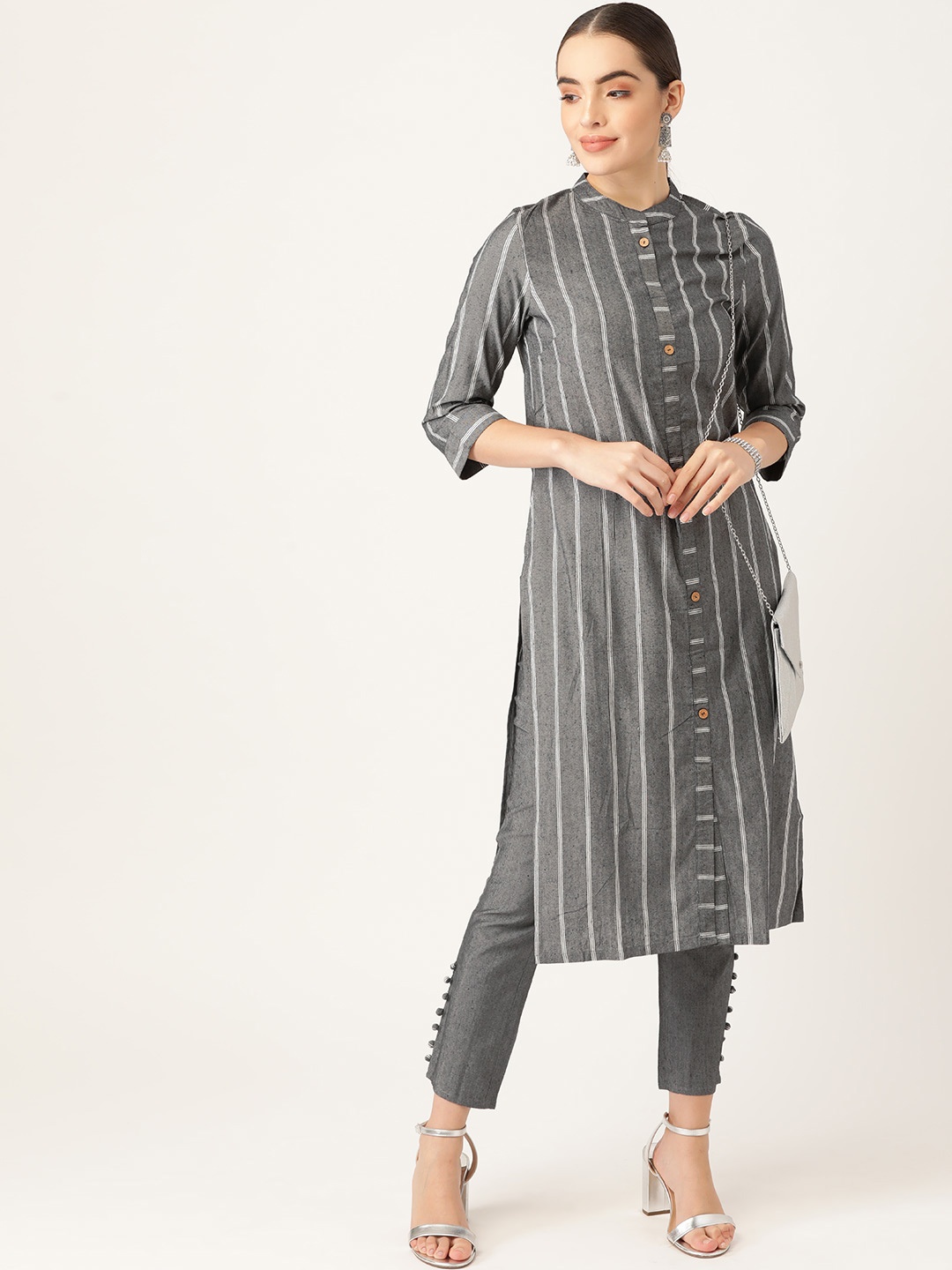 

Anouk Women Charcoal Grey Striped Pure Cotton Kurta with Trousers