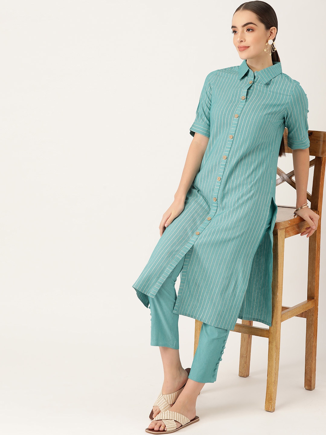 

Anouk Women Blue Striped Pure Cotton Kurta with Trousers