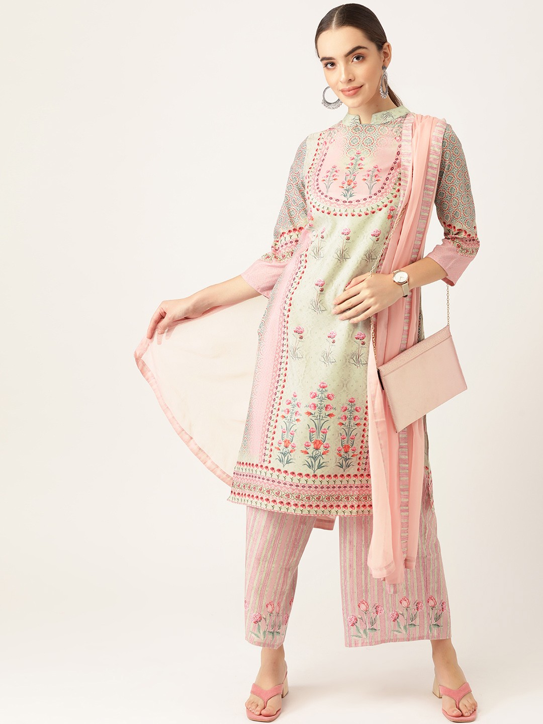 

Anouk Women Cream-Coloured & Pink Floral Printed Kurta with Palazzos & With Dupatta