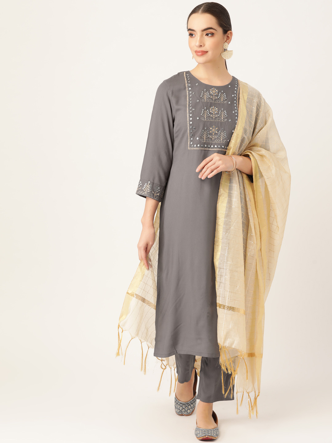 

Anouk Women Grey Ethnic Motifs Yoke Design Mirror Work Kurta with Palazzos & With Dupatta