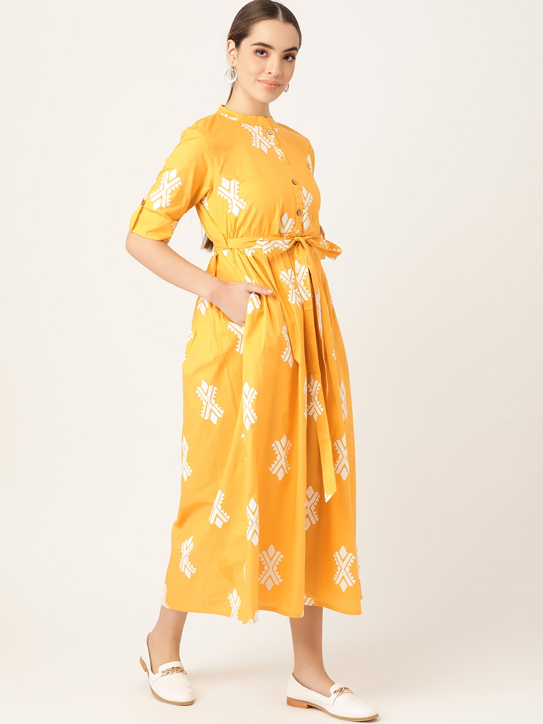 

Anouk Yellow & White Cotton Geometric Print Ethnic Midi Dress