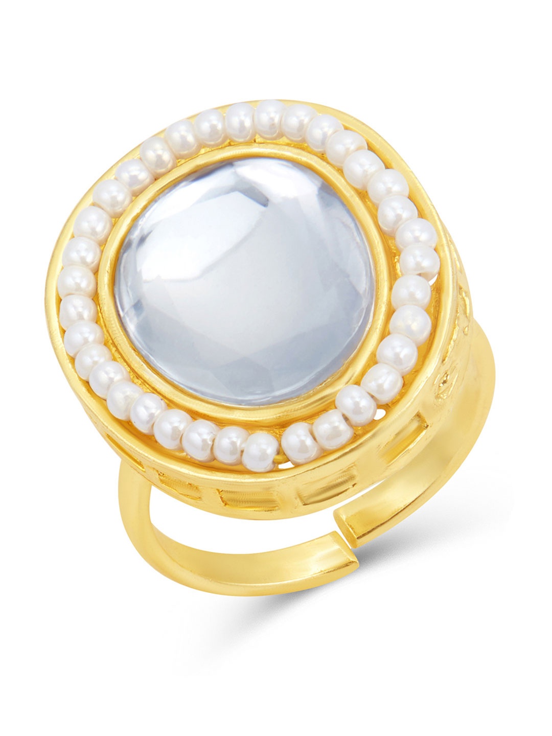 

Sukkhi Gold-Plated White Kundan-Studded & Pearl Beaded Adjustable Finger Ring
