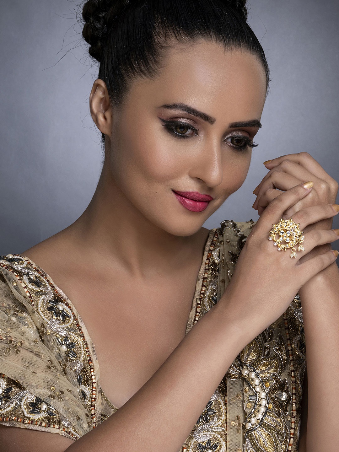 

Sukkhi Gold-Plated Kundan-Studded & Pearl-Beaded Adjustable Finger Ring