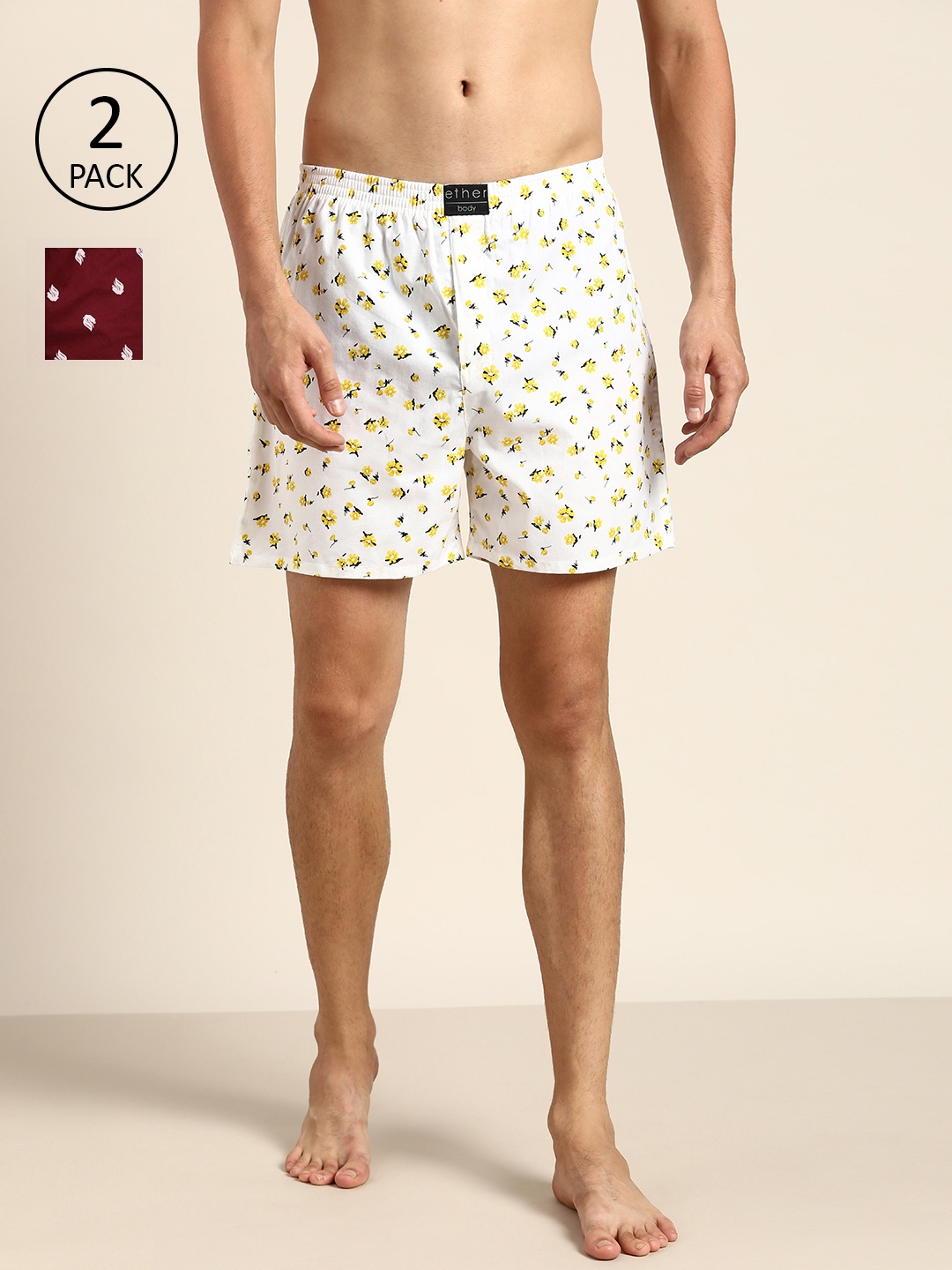 

ether Men Pack of 2 Pure Cotton Printed Boxers, White