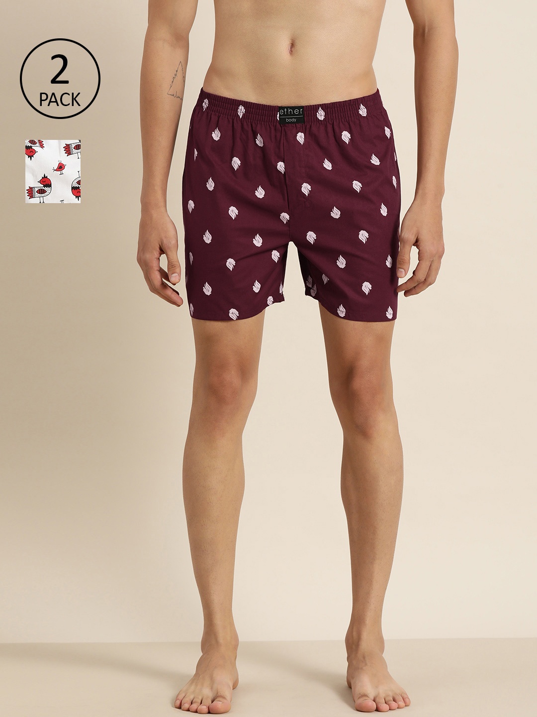 

ether Men Pack of 2 Printed Pure Cotton Boxers ETH-KEN-MBOX- PRINT-02WS, Maroon