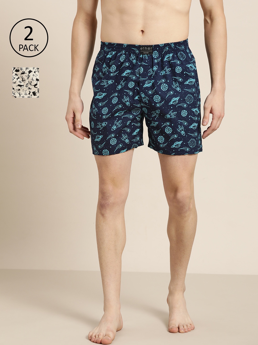 

ether Men Pack of 2 Printed Pure Cotton Boxers, Navy blue