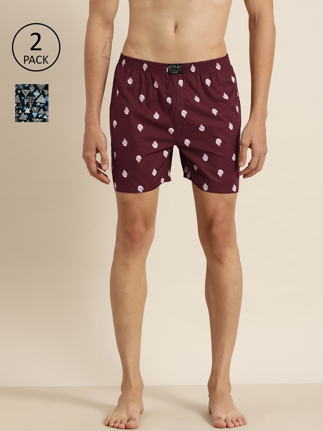 

ether Men Pack of 2 Printed Pure Cotton Boxers ETH-KEN-MBOX- PRINT-02WF, Maroon
