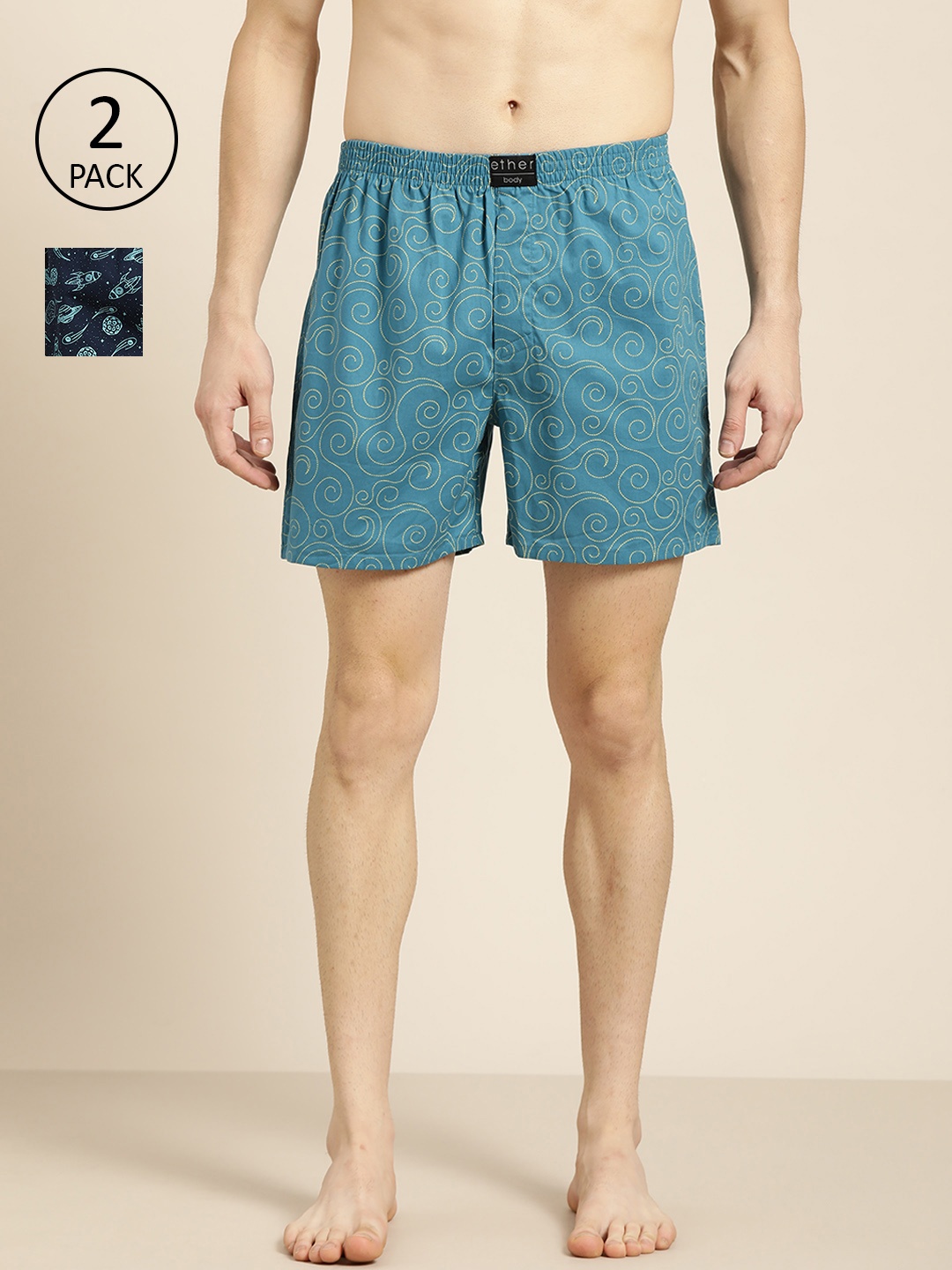

ether Men Pack of 2 Printed Boxers ETH-KEN-MBOX- PRINT-02WI-Nt. Blue Space, Blue Paisley