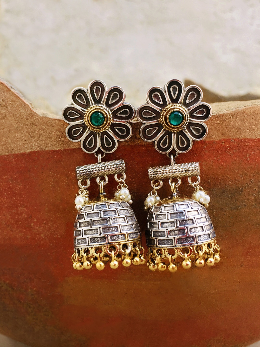 

Peora Oxidised Silver Plated Green Dome Shaped Jhumkas Earrings