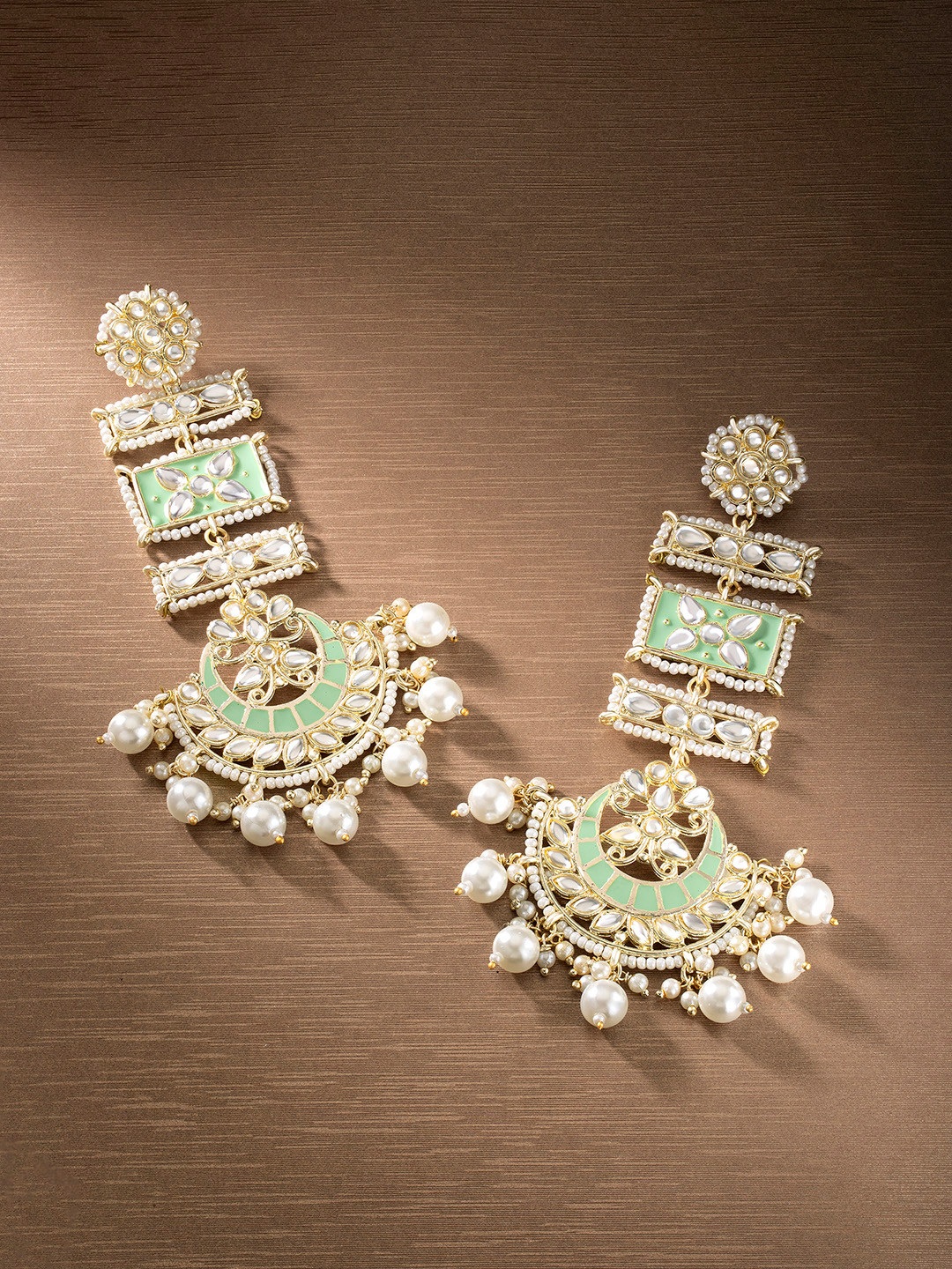 

Peora Gold-Plated & Sea Green Kundan Pearl Studded Drop Earrings