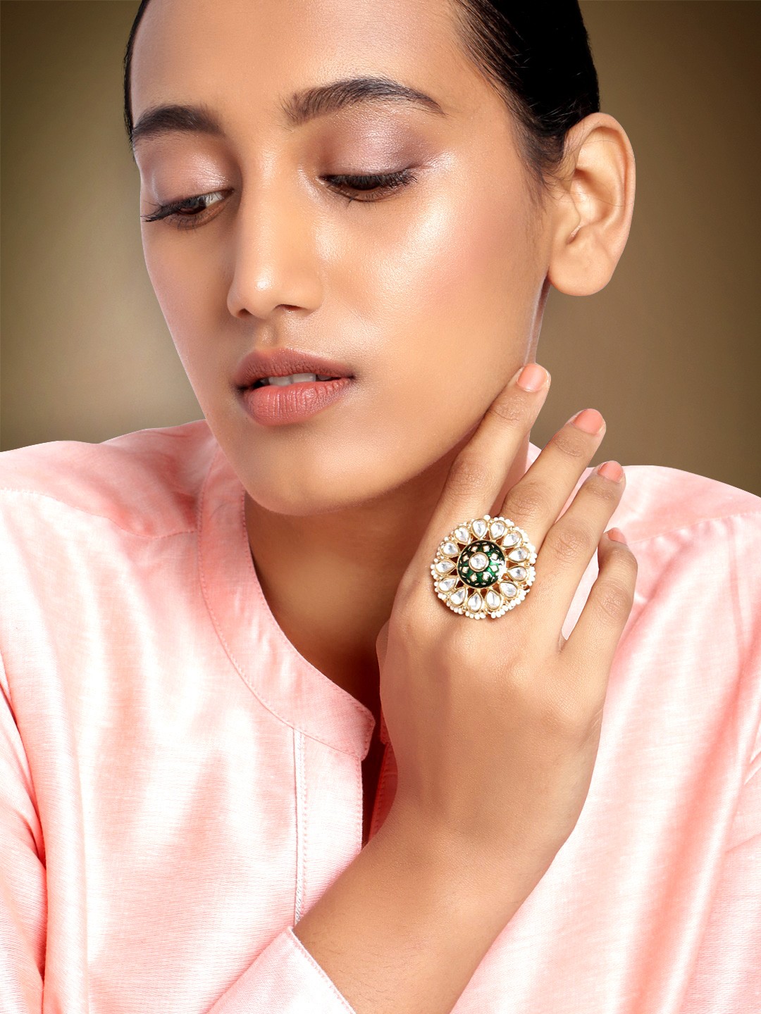 

Peora Gold Plated & Green Meenakari Kundan Studded Adjustable Finger Ring