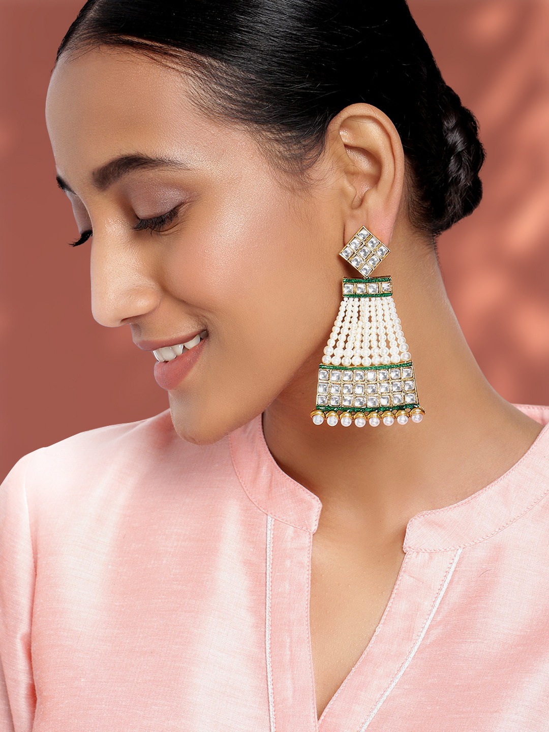 

Peora White Green Gold-Plated Kundan Studded Handcrafted Pearl Drop Earrings