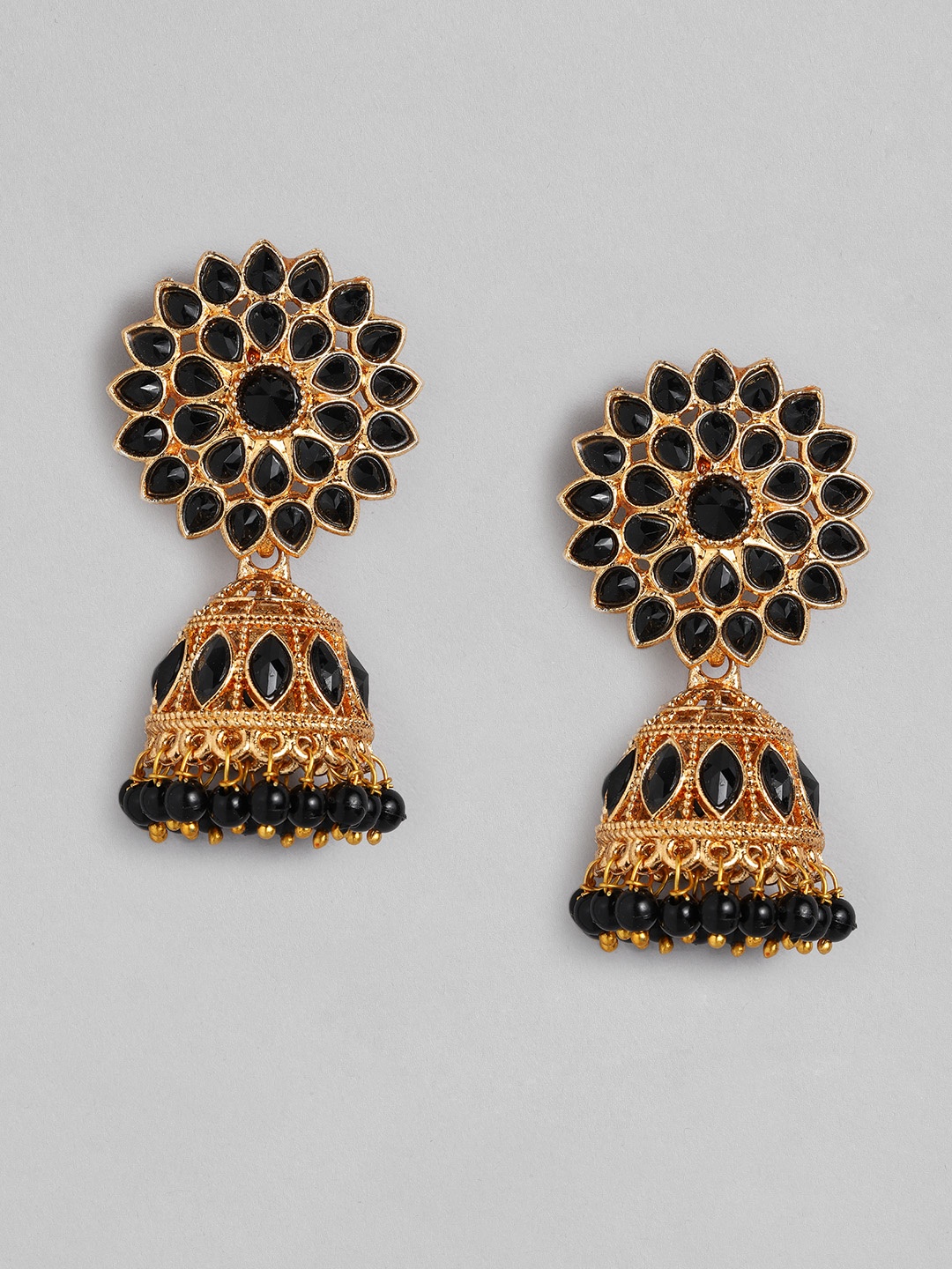 

Peora Black Gold-Plated Stone Studded Handcrafted Dome Shaped Jhumkas