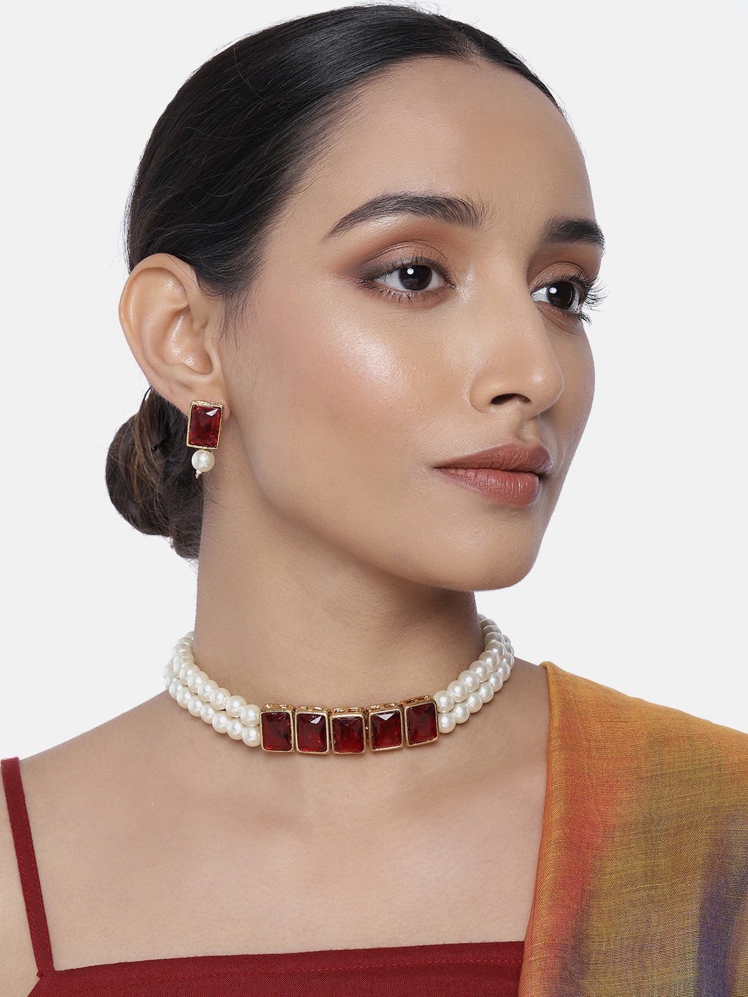 

Peora Gold-Plated Maroon Crystal Pearl Handcrafted Jewellery Set