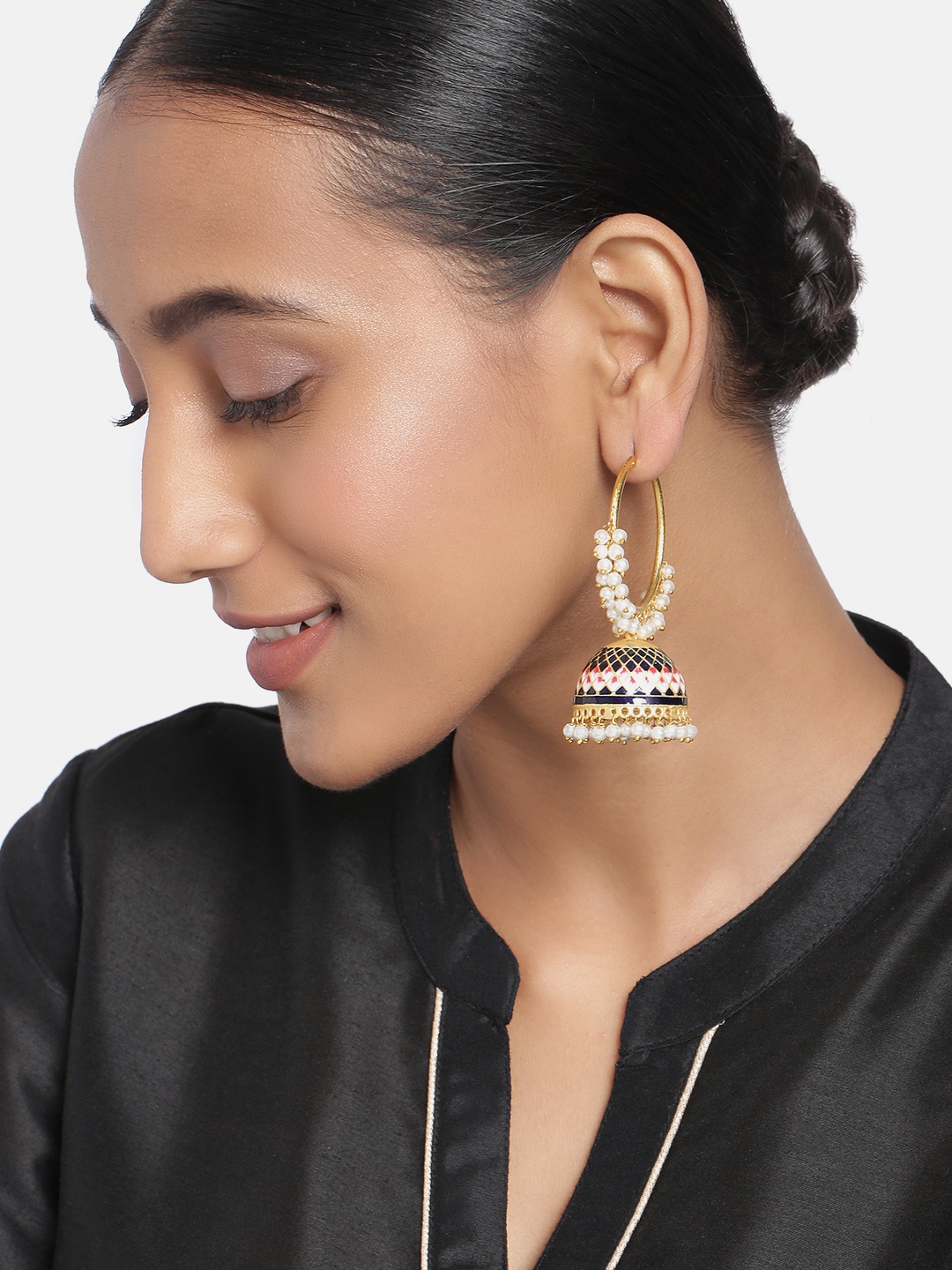 

Peora Blue & White Gold Plated Meenakari Dome Shaped Hoop Jhumkas