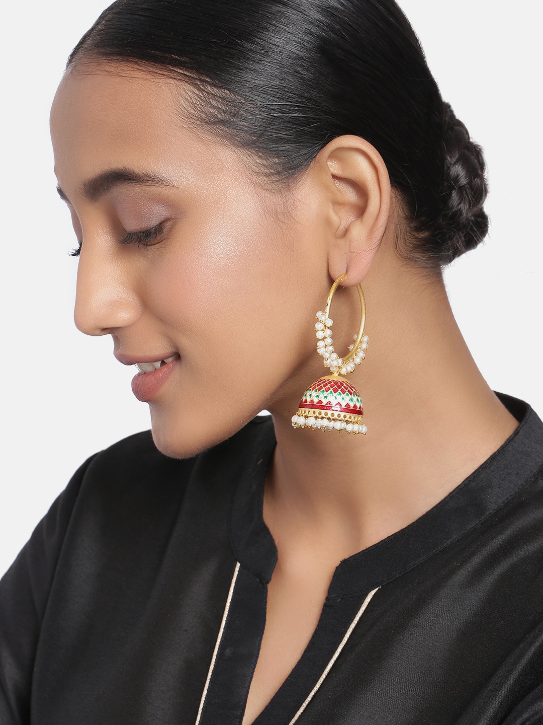 

Peora Gold-Plated & Maroon Meenakari Hanging Jhumki Hoop Earrings