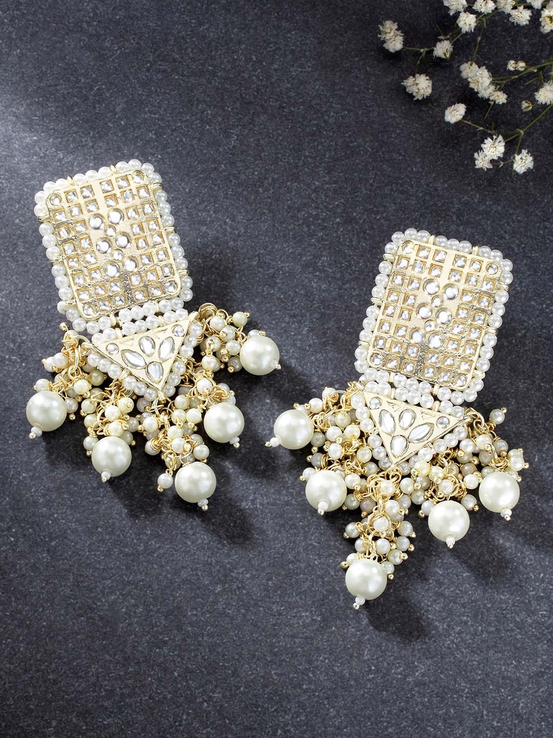 

Peora White & Gold-Plated Studded Handcrafted Square Drop Earrings