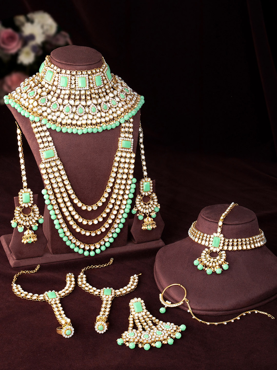 

Peora Gold-Plated Sea Green Handcrafted Kundan Studded Bridal Jewellery Set