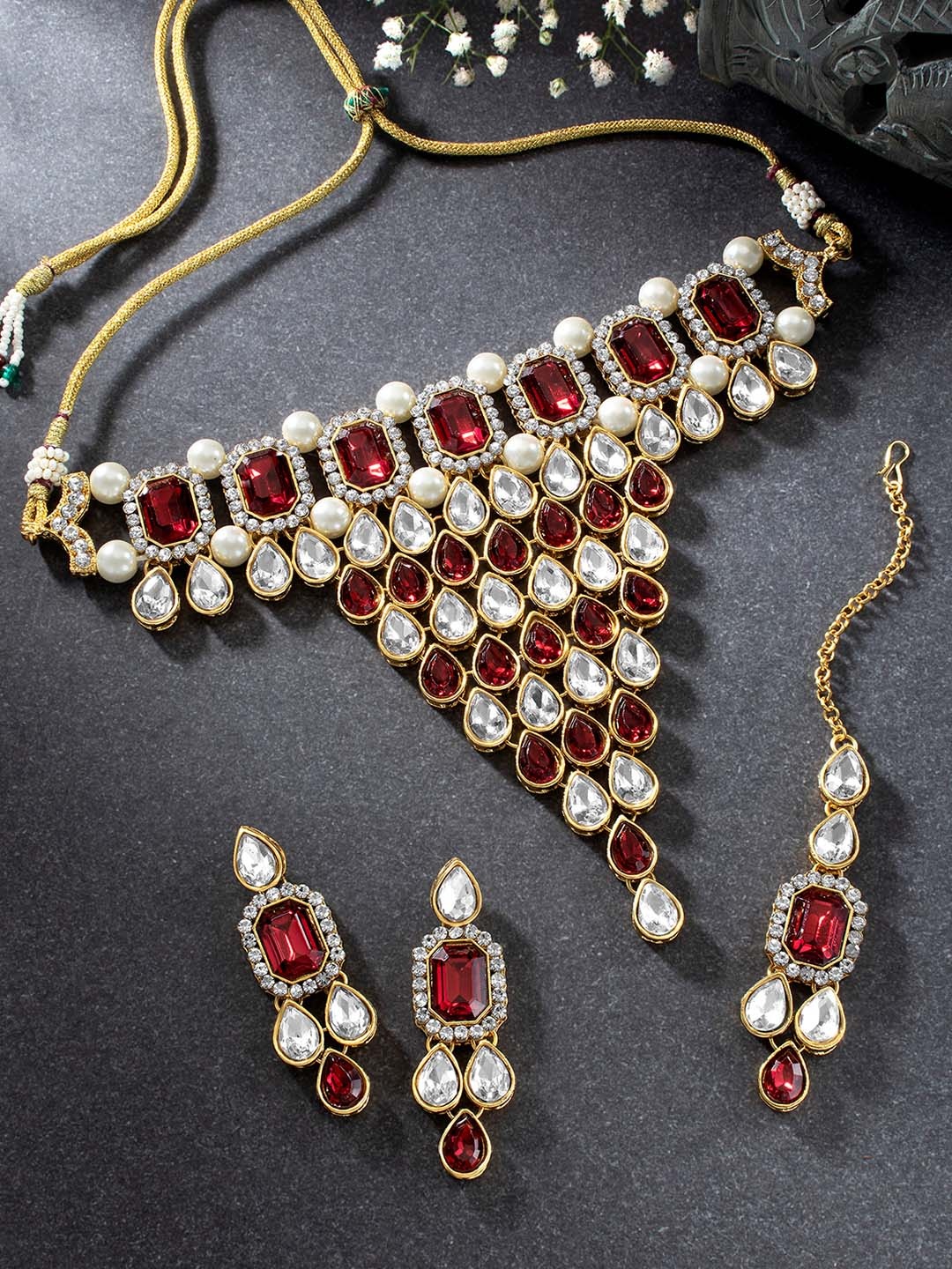 

Peora Maroon & White Gold-Plated Handcrafted Crystal Kundan Studded Jewellery Set