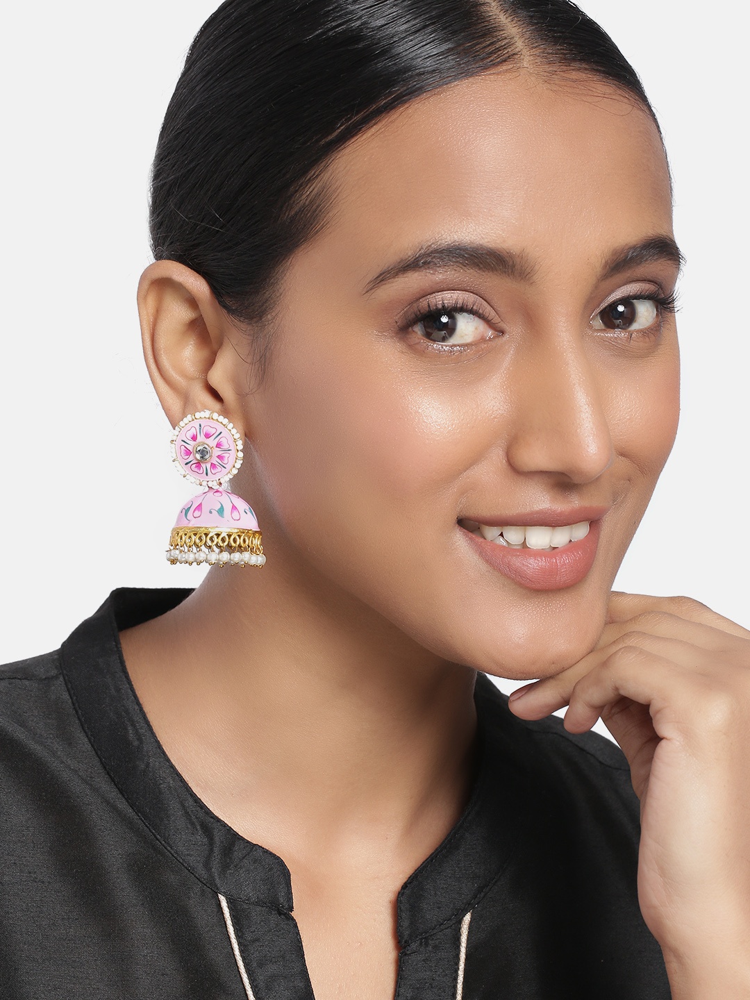

Peora Pink & White Gold Plated Meenakari Enamelled Dome Shaped Jhumkas
