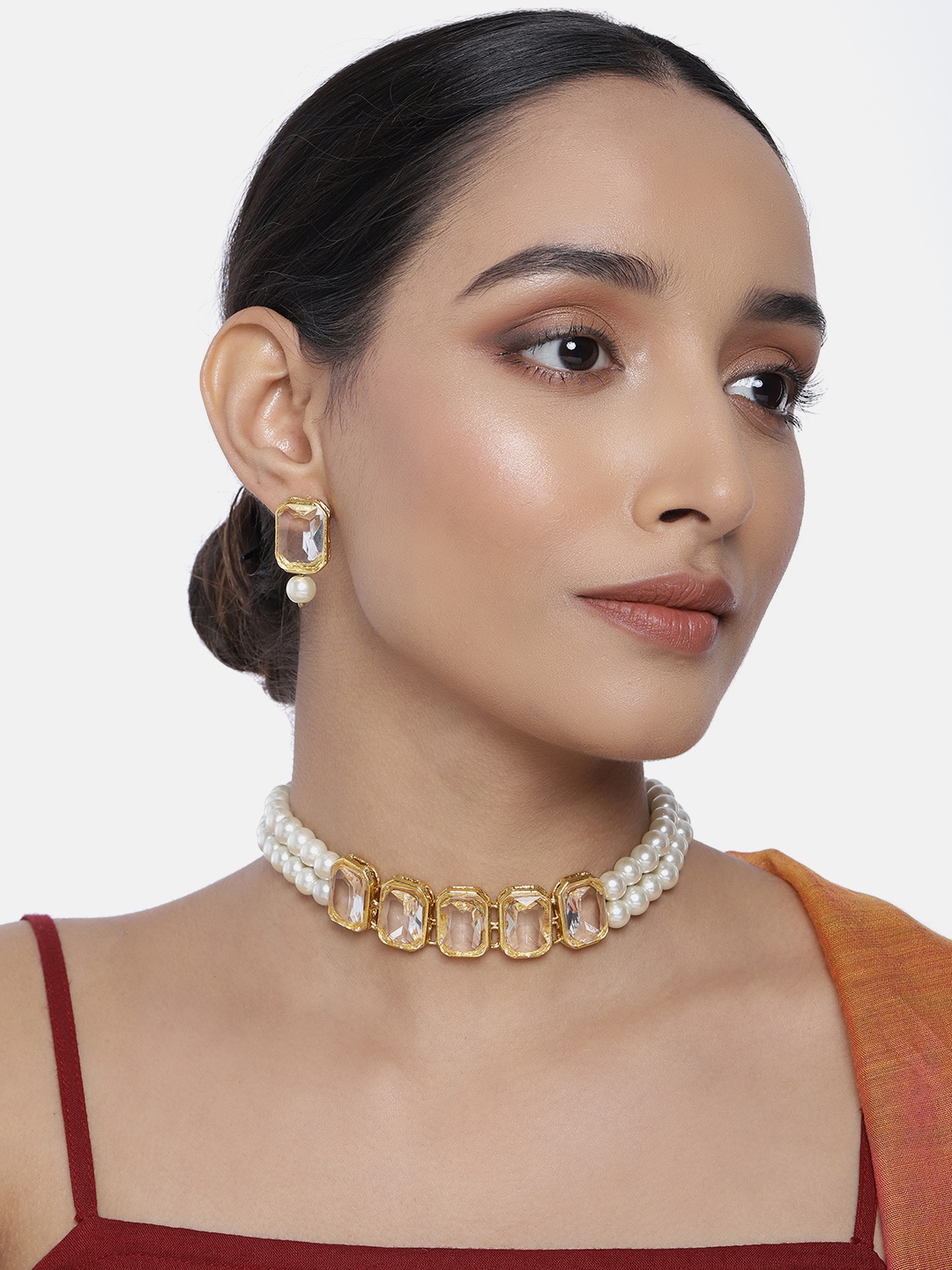 

Peora Gold-Plated White Traditional Crystal Pearl Handcrafted Jewellery Set