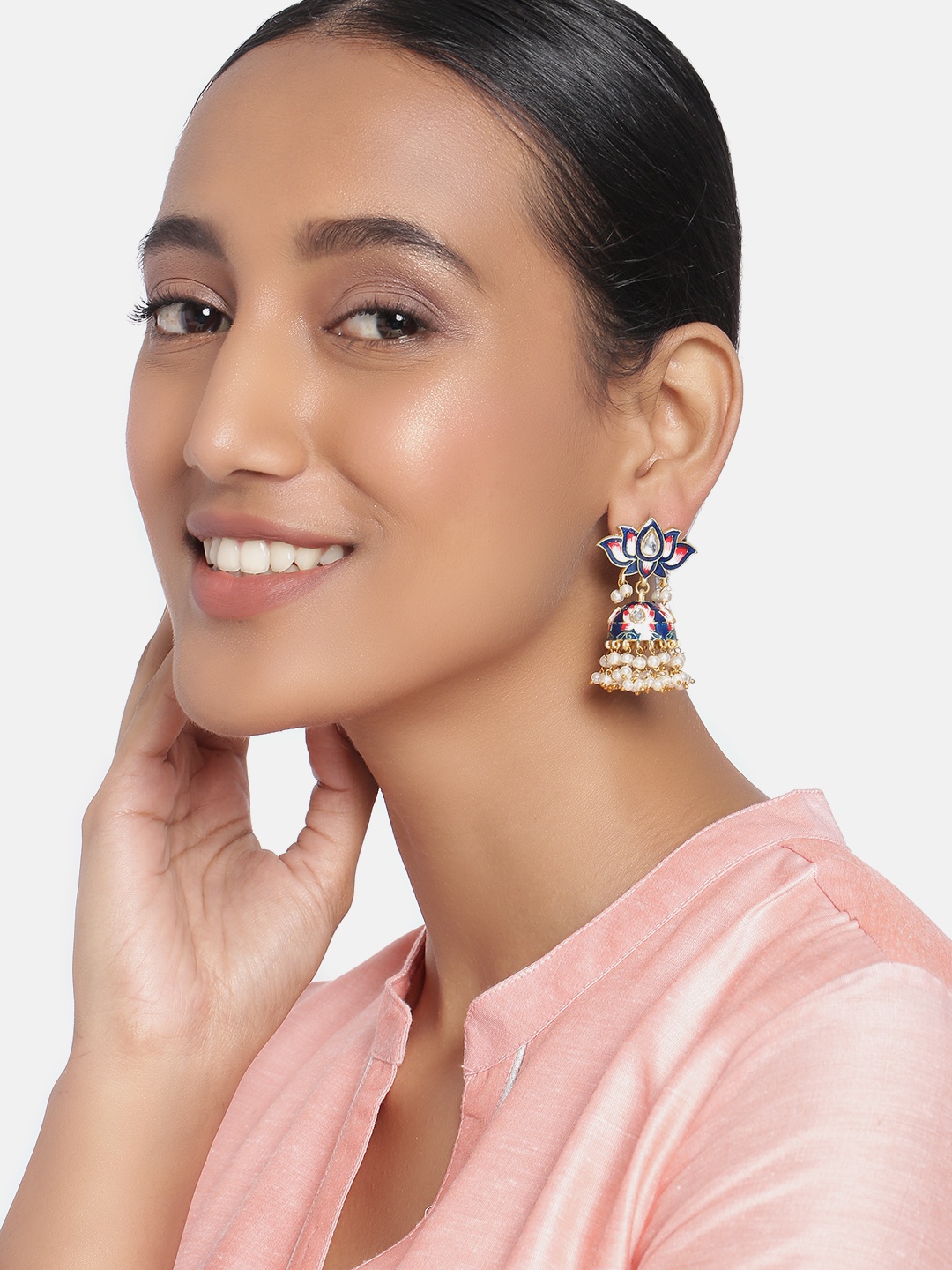 Peora Gold-Plated Blue Floral Enamelled Meenakari Jhumkas Earrings