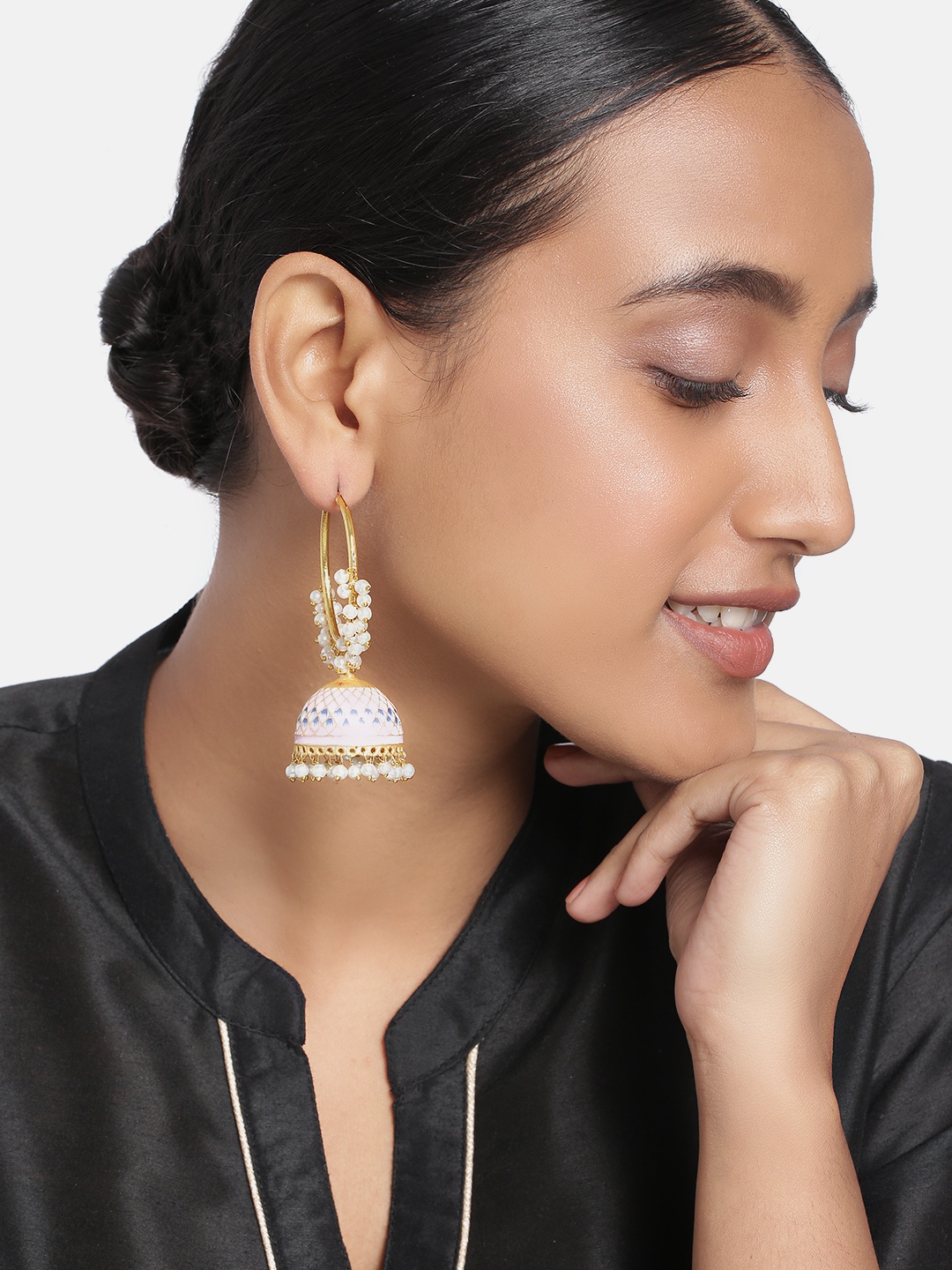 

Peora Pink & White Gold Plated Meenakari Enamelled Dome Shaped Jhumkas