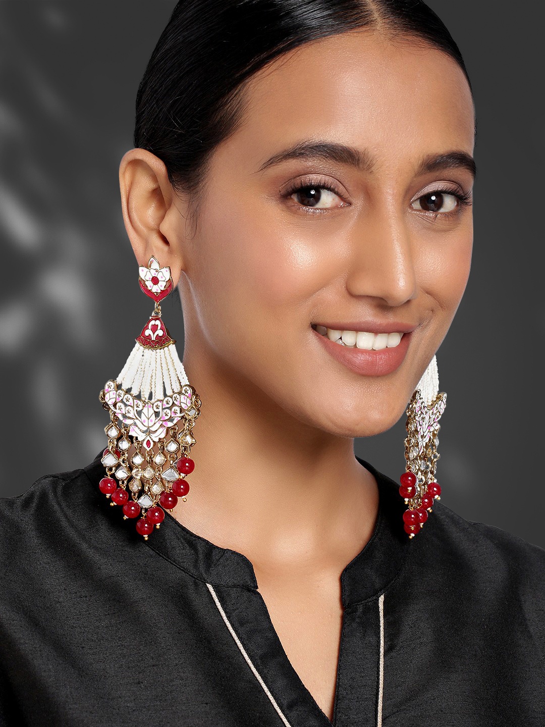 

Peora White & Red Gold-Plated Handcrafted Kundan Studded Meenakari Drop Earrings