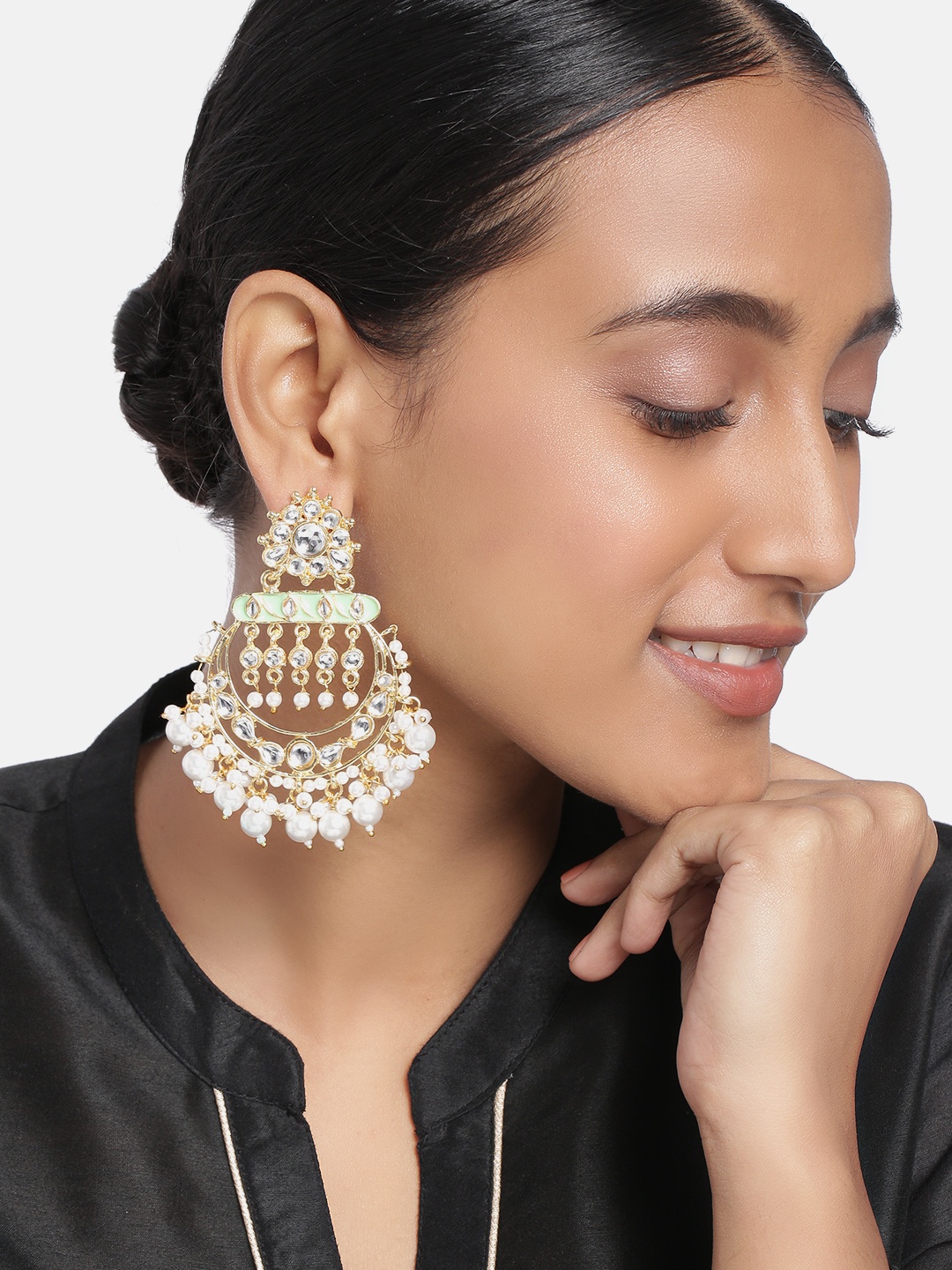 

Peora White & Green Gold Plated Kundan Pearl Meenakari Crescent Shaped Chandbalis