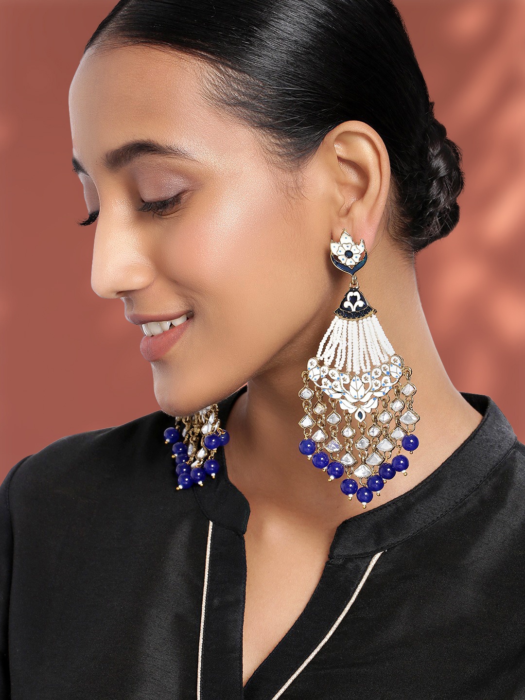 

Peora Gold-Plated & Blue Handcrafted Kundan Studded Meenakari Drop Earrings