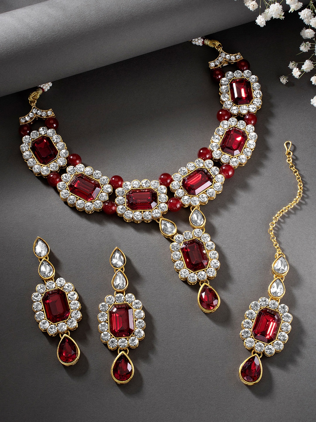 

Peora Maroon & White Gold Plated Handcrafted Studded Jewellery Set