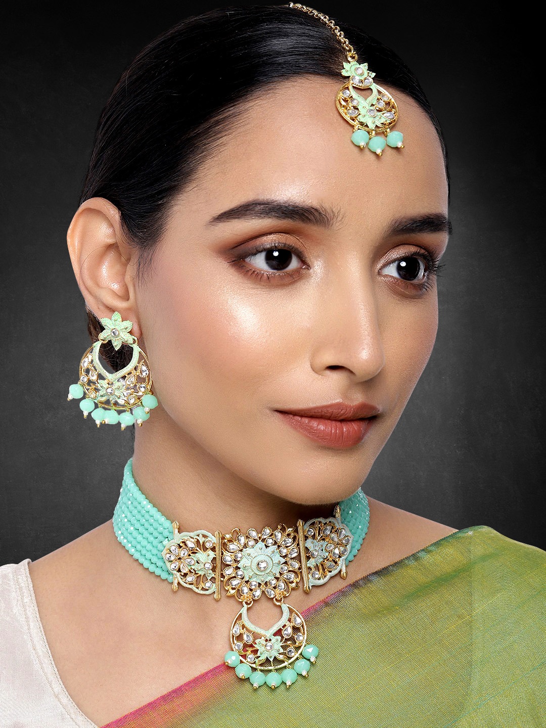 

Peora Sea Green Gold-Plated Meenakari Kundan Beaded Jewellery Set
