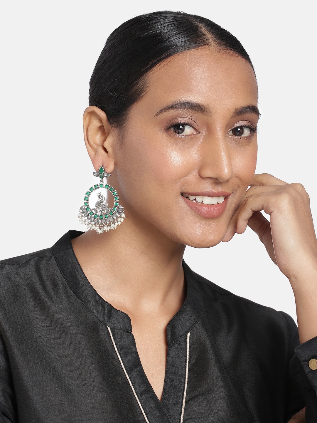 

Peora Oxidised Silver-Plated & Green Classic Chandbalis