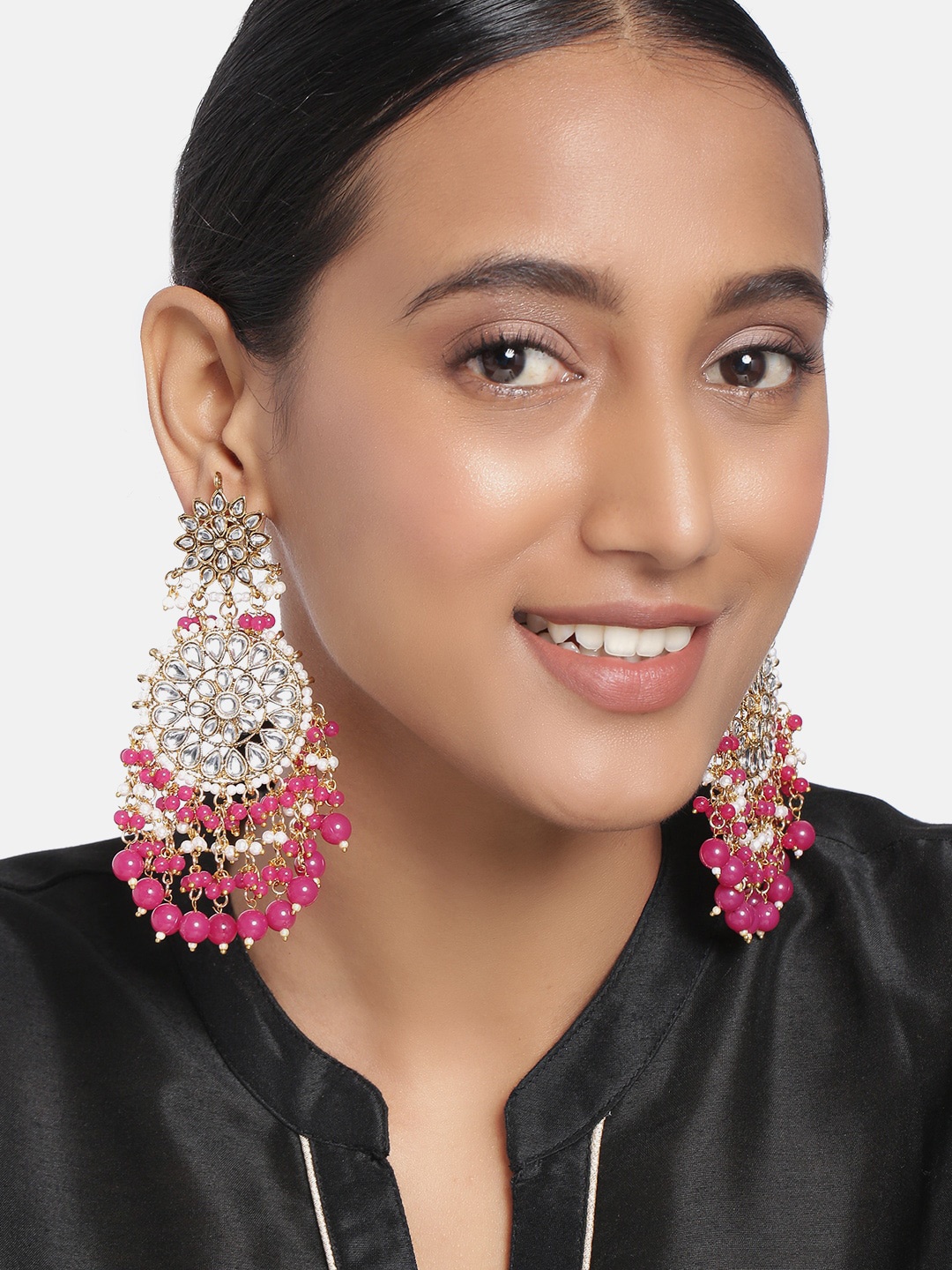 

Peora White & Red Gold Plated Kundan Pearl Long Handcrafted Classic Chandbalis