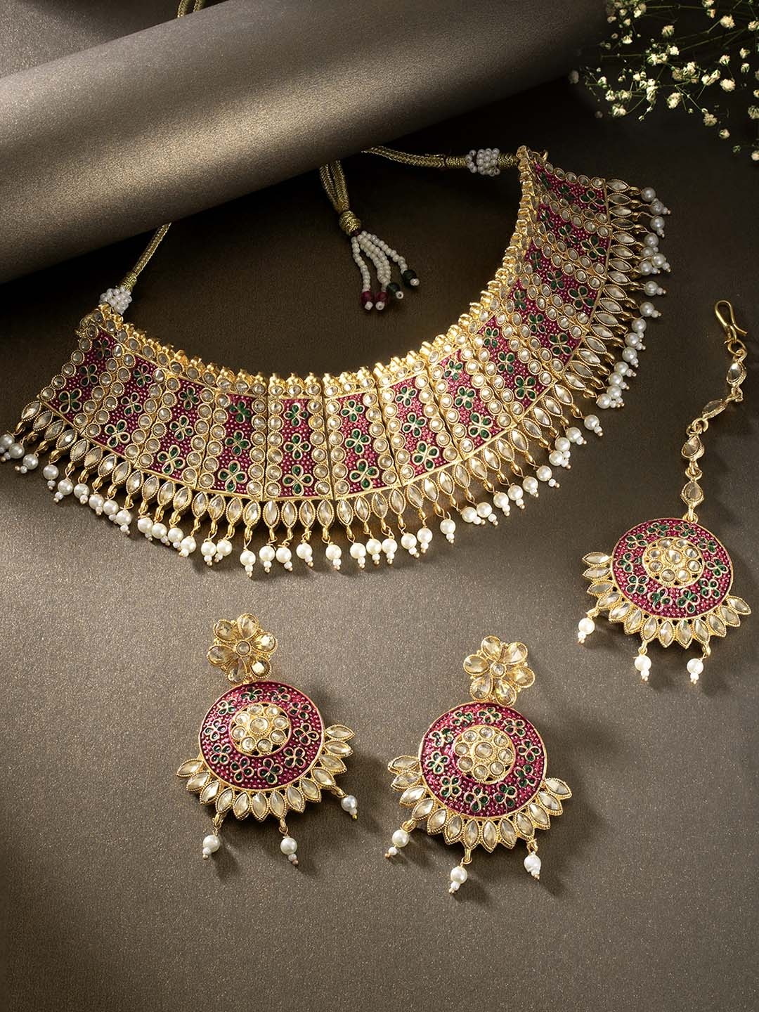 

Peora Gold-Plated Red Handcrafted Meenakari Enamelled Jewellery Set