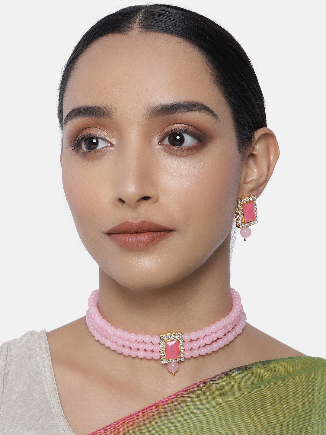 

Peora Pink Gold Plated Kundan Faux Pearl Jewellery Set