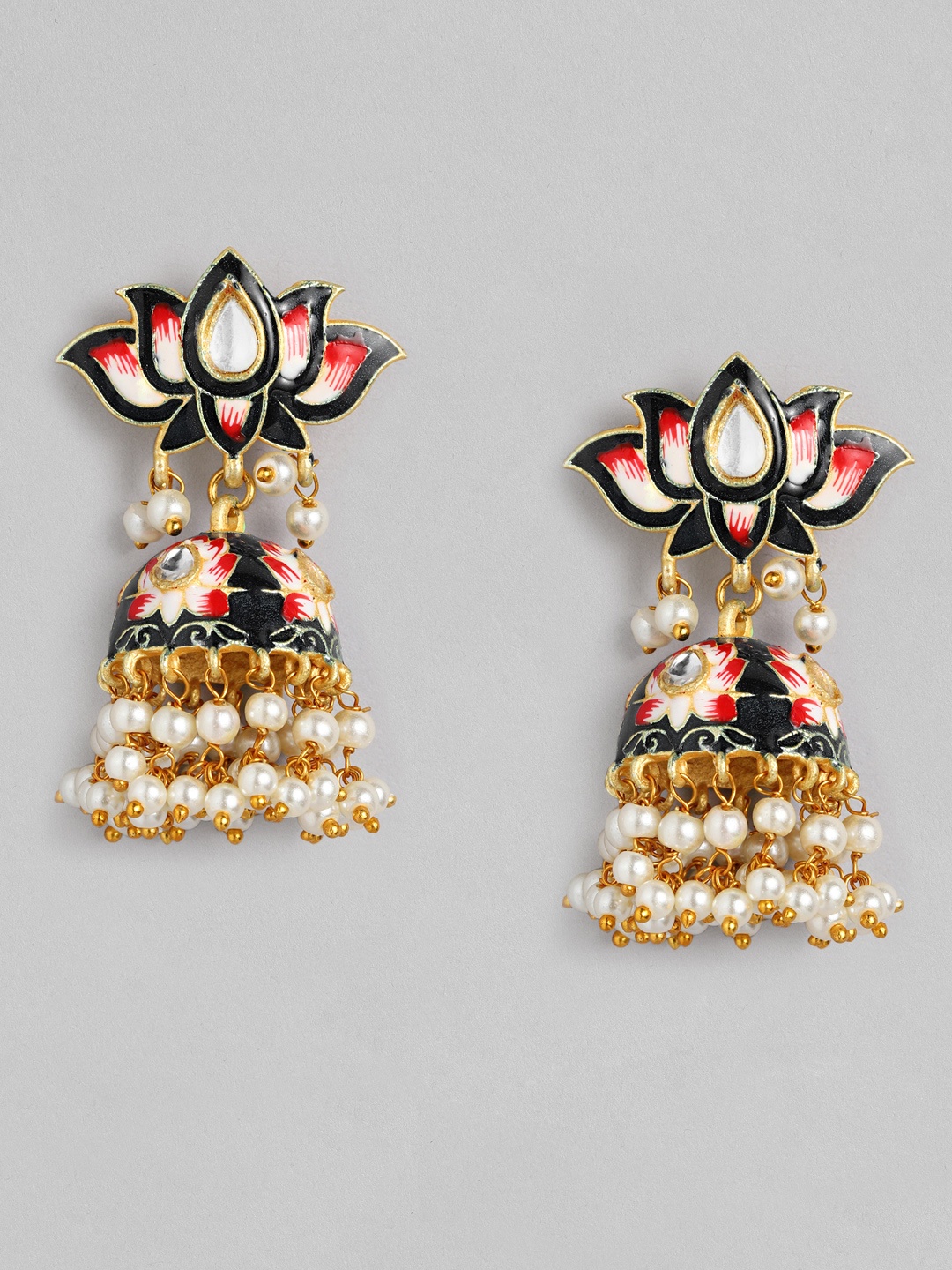 

Peora Black Gold-Plated Enamelled Meenakari Floral Jhumkas Earrings