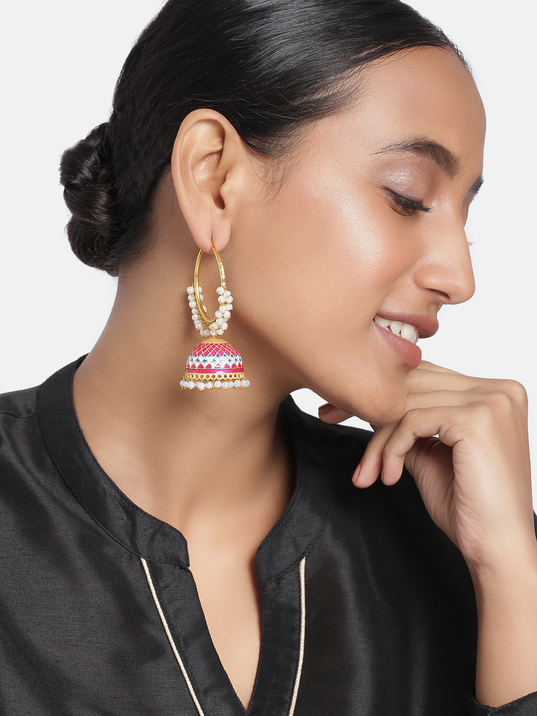 

Peora Gold-Plated & Magenta Meenakari Hanging Jhumki Hoop Earrings