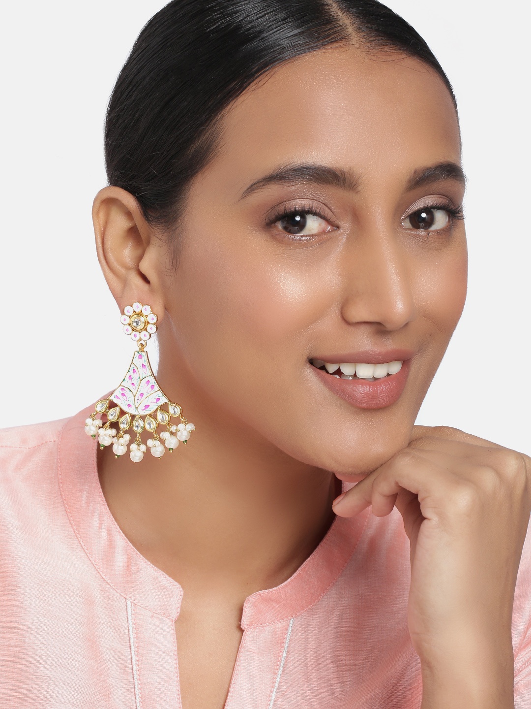 

Peora White & Gold-Plated Enamelled Triangular Shaped Drop Earrings