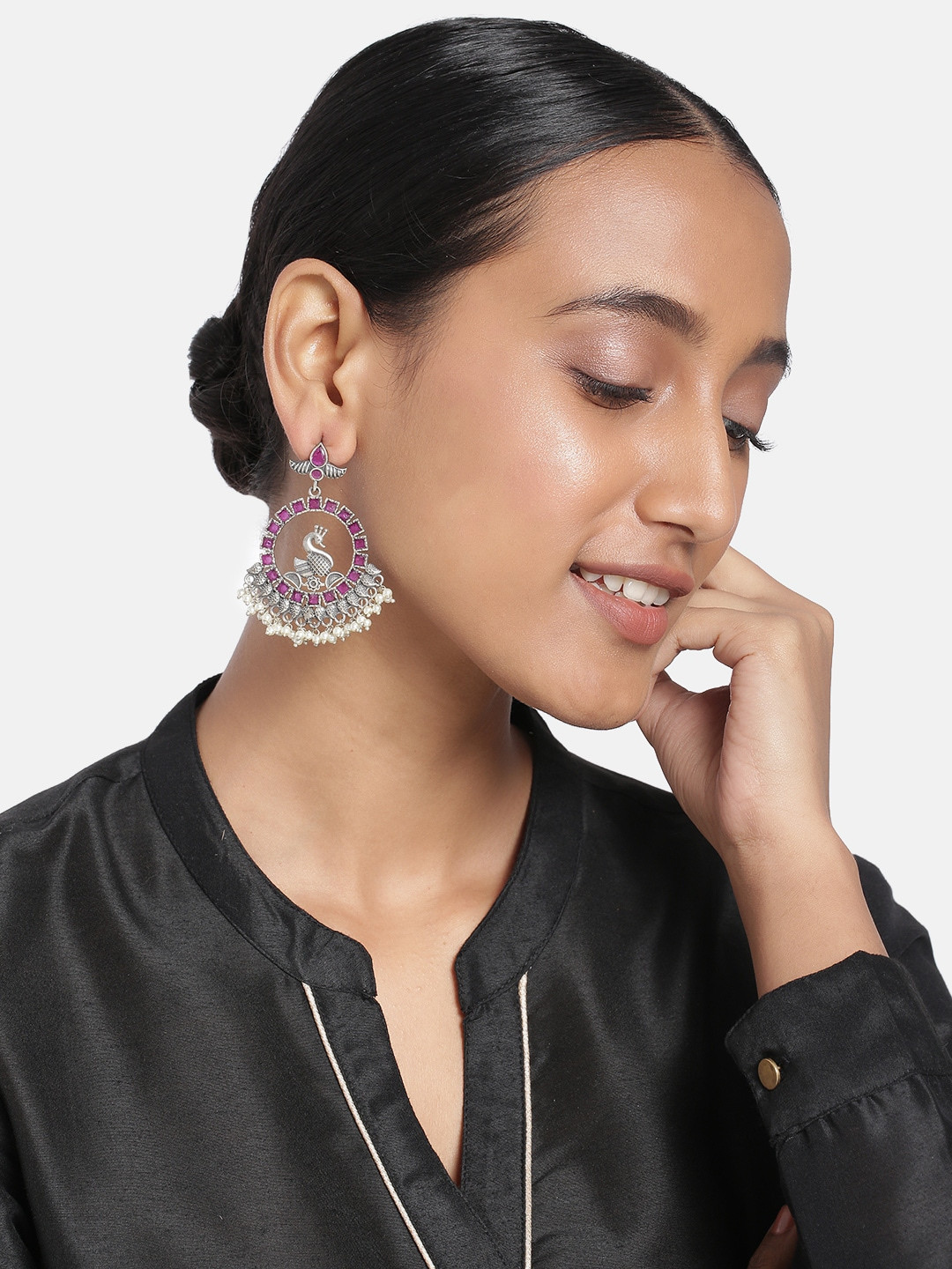 

Peora Oxidised Silver-Plated Red Peacock Shaped Drop Earrings