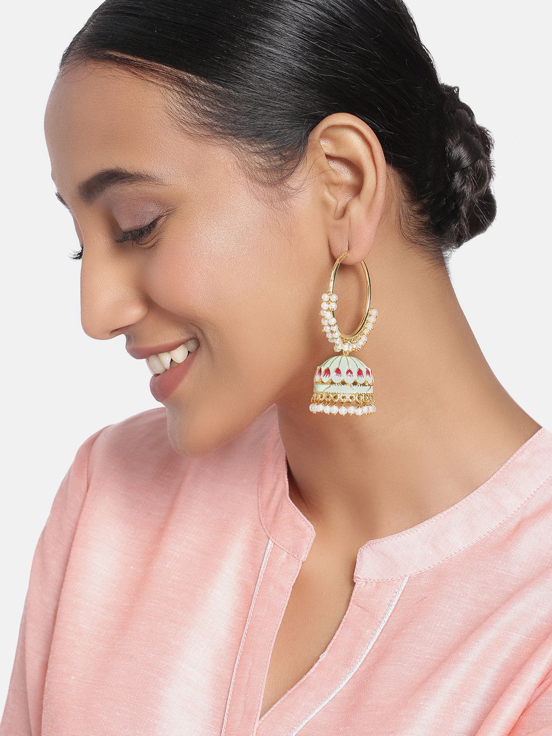 

Peora Sea Green Gold-Plated Enamelled Meenakari Dome Shaped Jhumkas Earrings