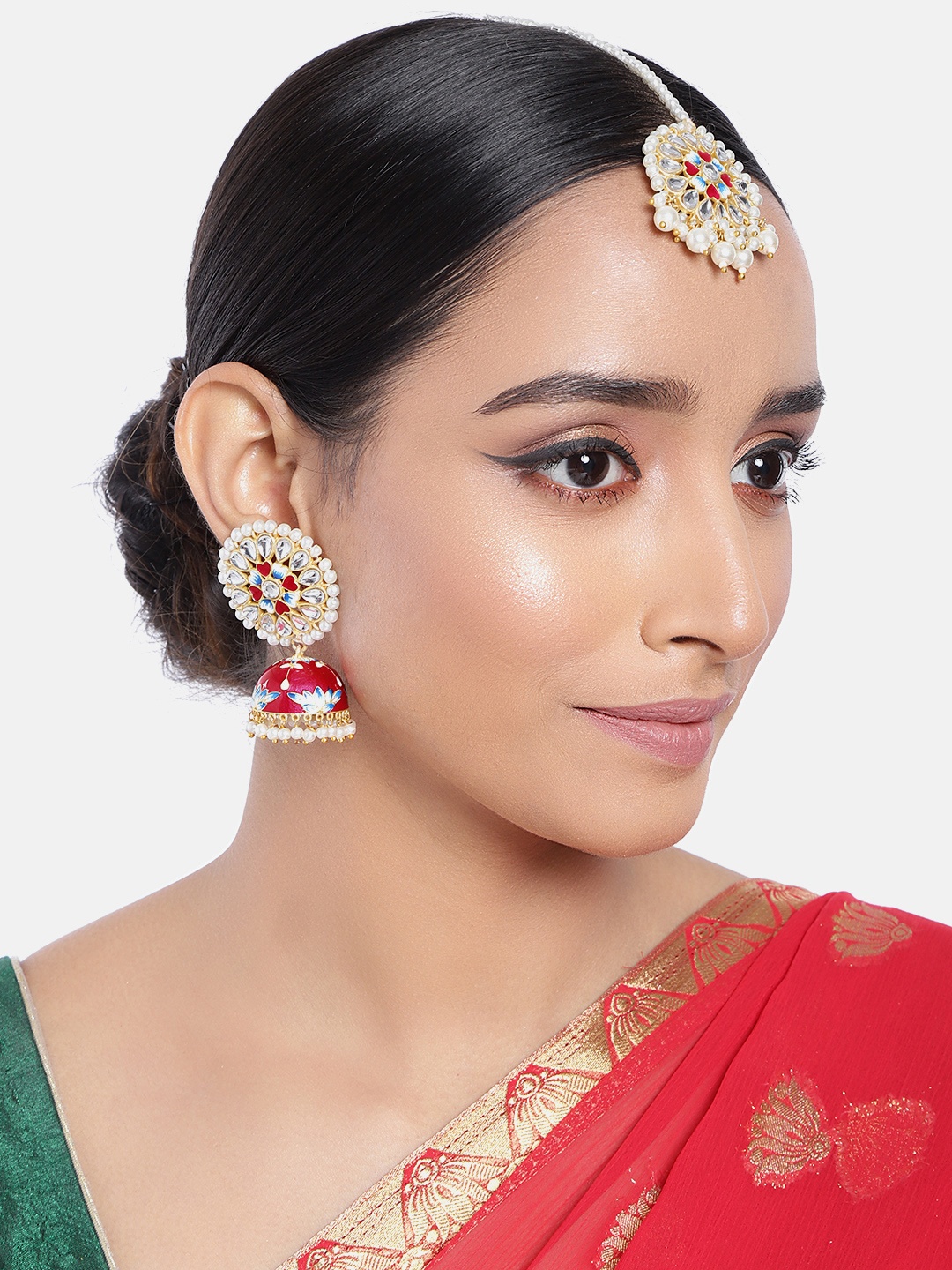 

Peora Magenta Gold-Plated Enamelled Meenakari Kundan Studded Jewellery Set