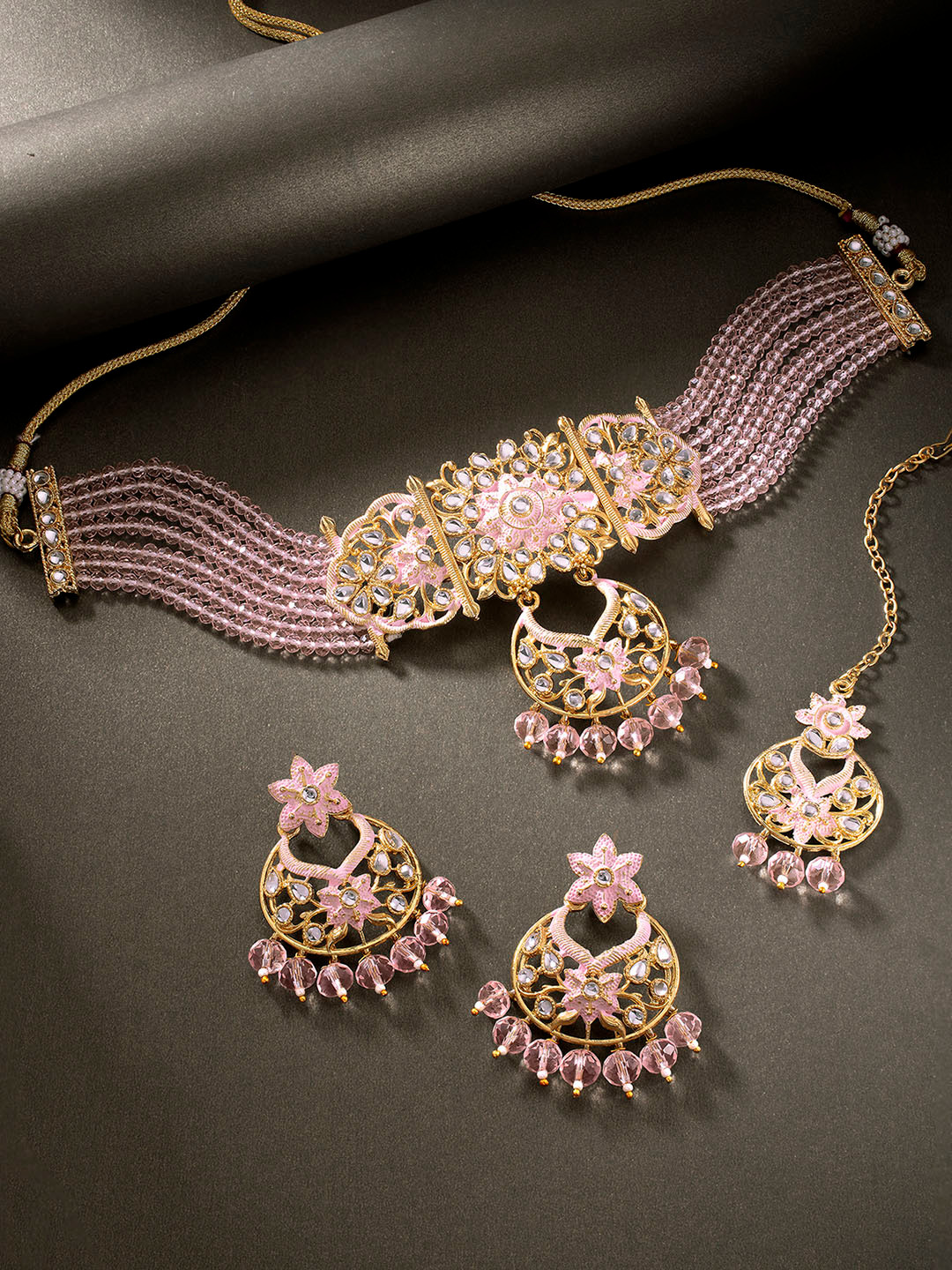

Peora Pink Gold Plated Handcrafted Meenakari Bridal Kundan Jewellery Set