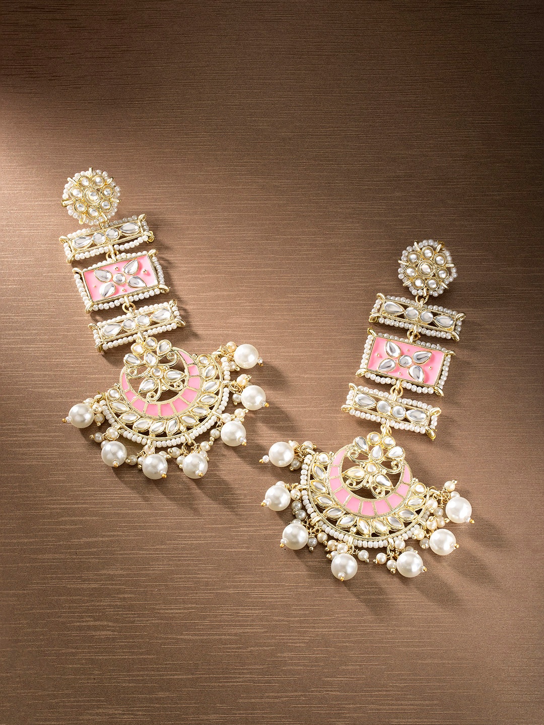 

Peora Gold-Plated & Pink Handcrafted Kundan and Pearl Studded Meenakari Chandbalis