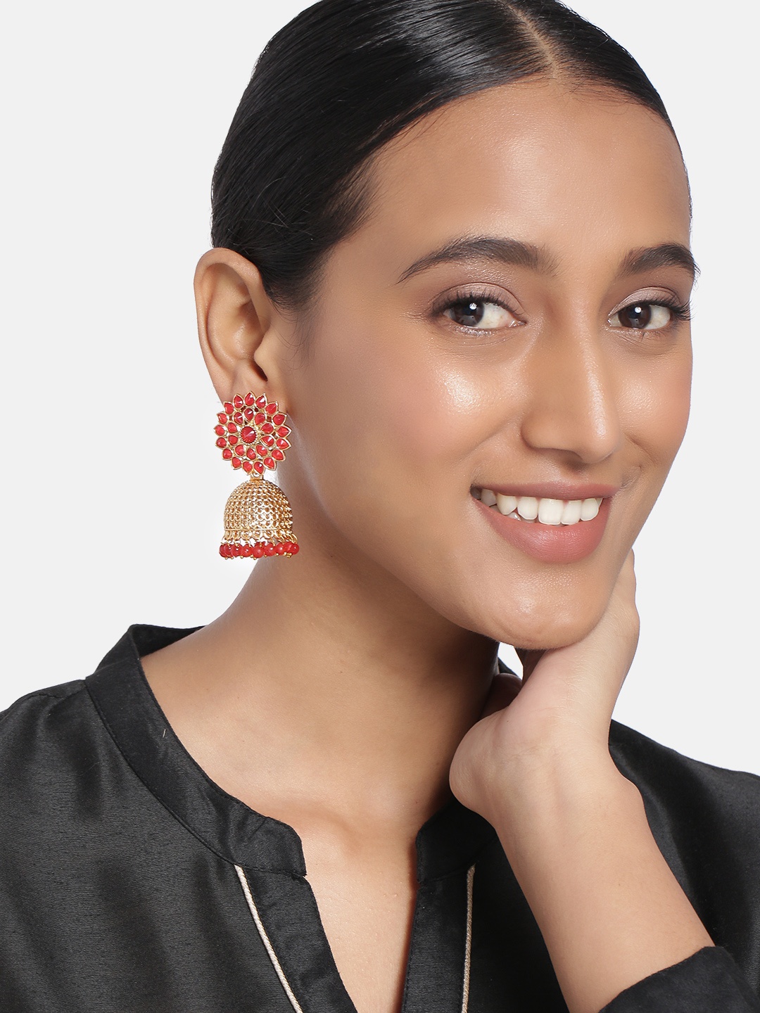 

Peora Red & Gold-Plated Floral Jhumkas Earrings