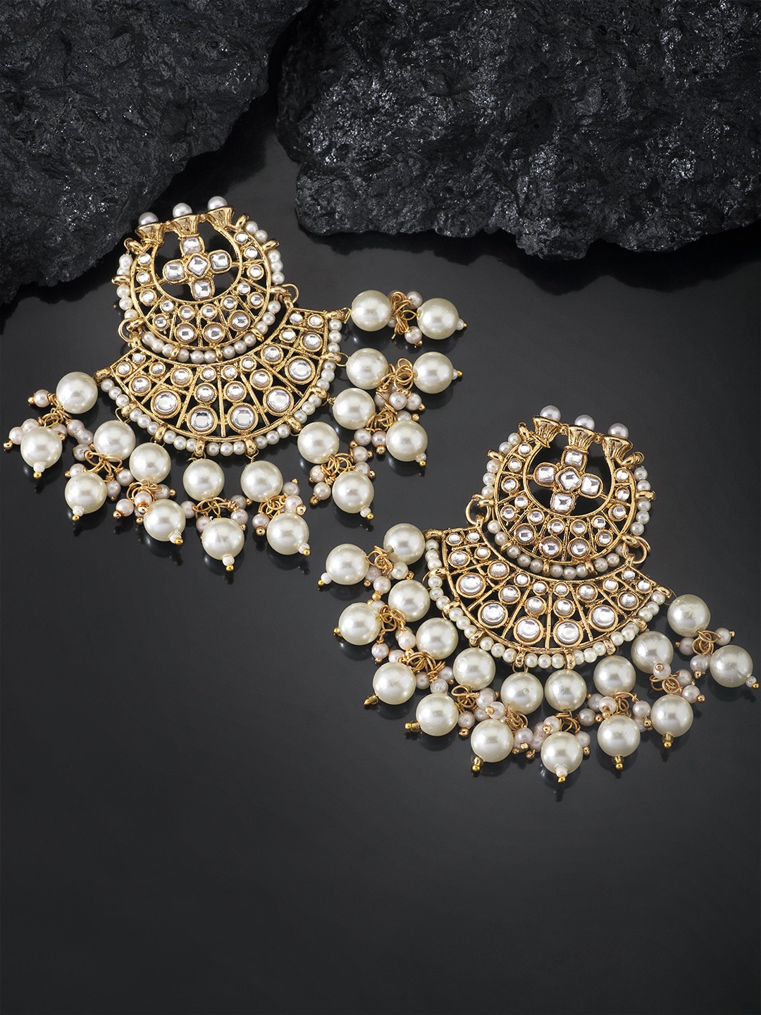 

Peora Gold-Plated & White Handcrafted Kundan and Pearl Studded Crescent Shaped Chandbalis