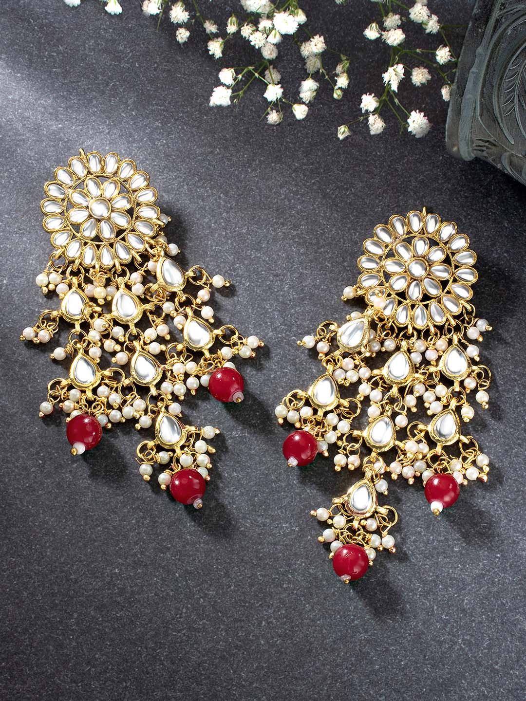 

Peora Gold-Plated & Red Handcrafted Kundan Studded Chandelier Classic Drop Earrings